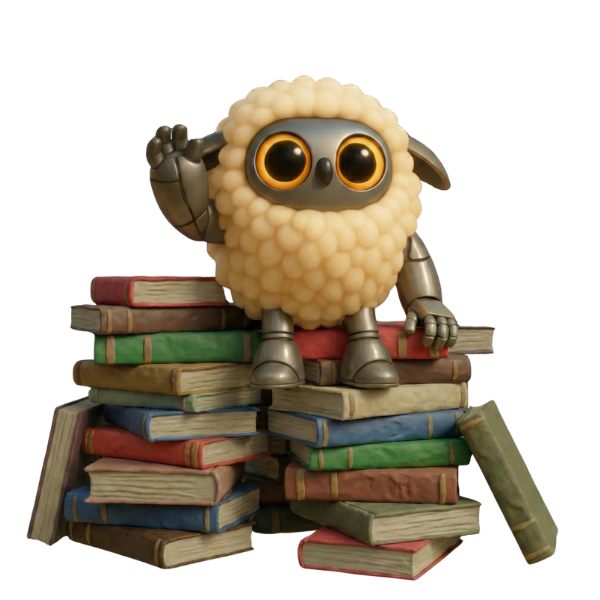 Herbot mascot sitting on books ready to help with knowledge